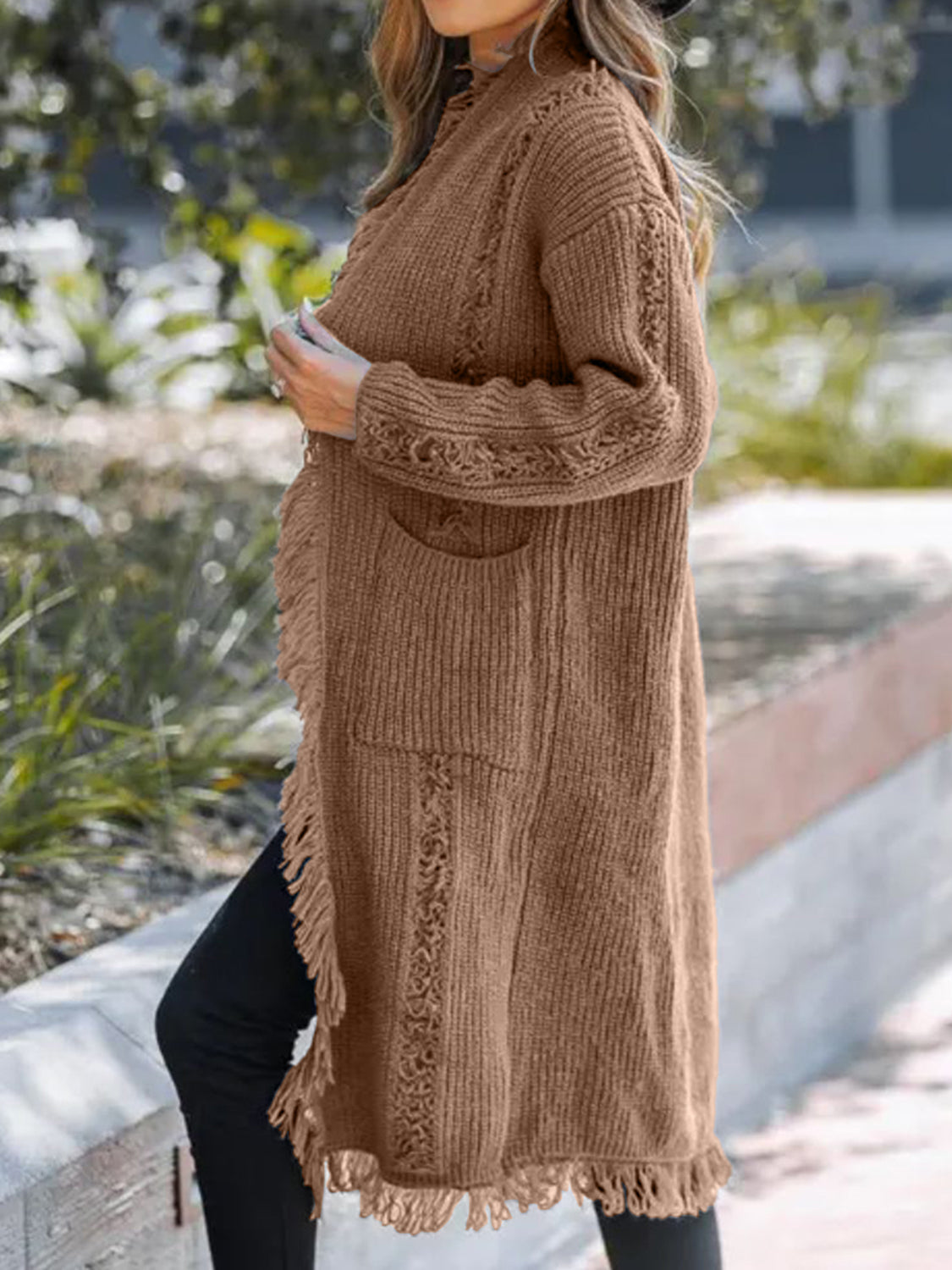 Fringe Open Front Long Sleeve Cardigan