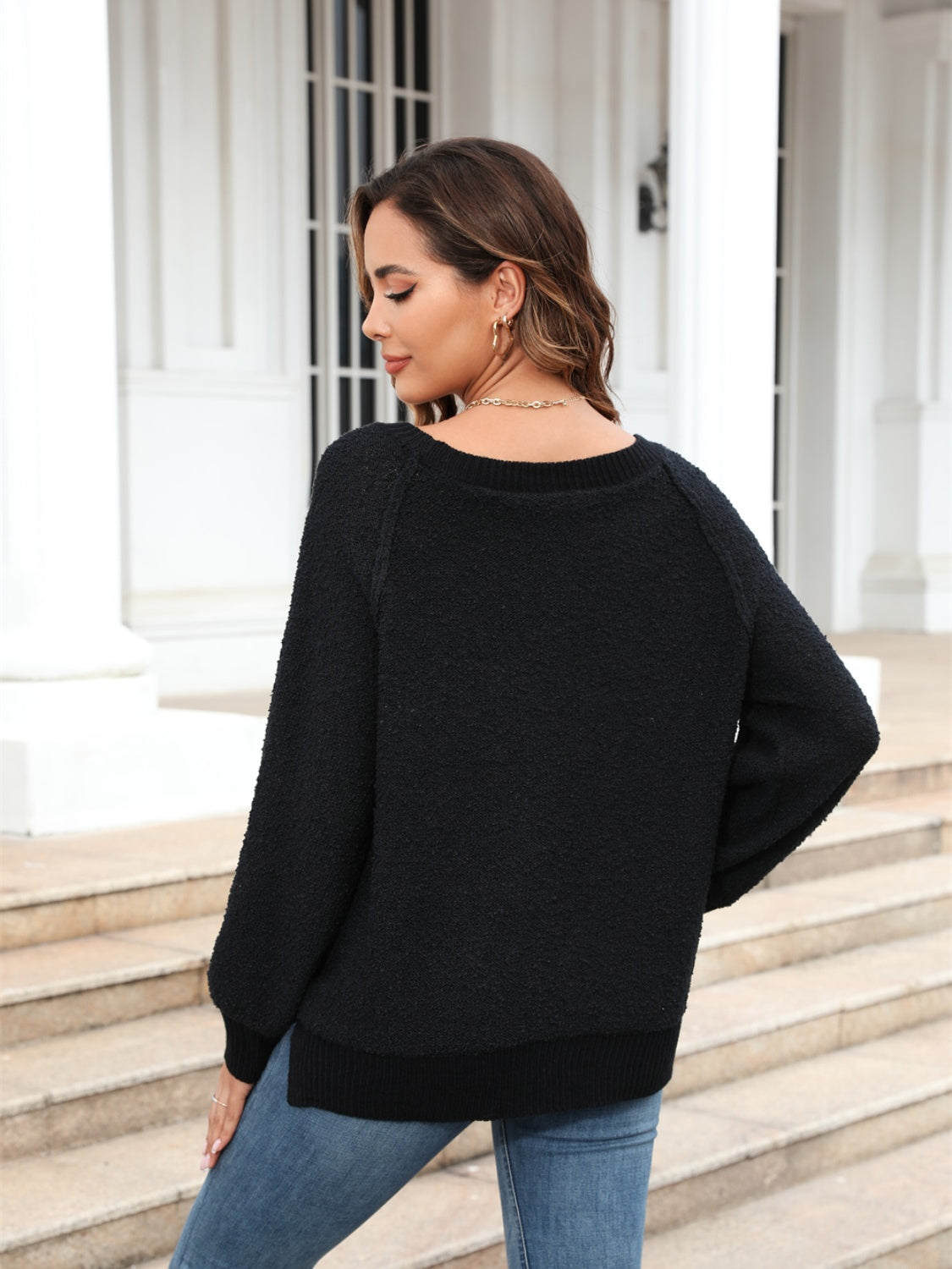 Angel Wings Round Neck Ribbed Trim Sweater