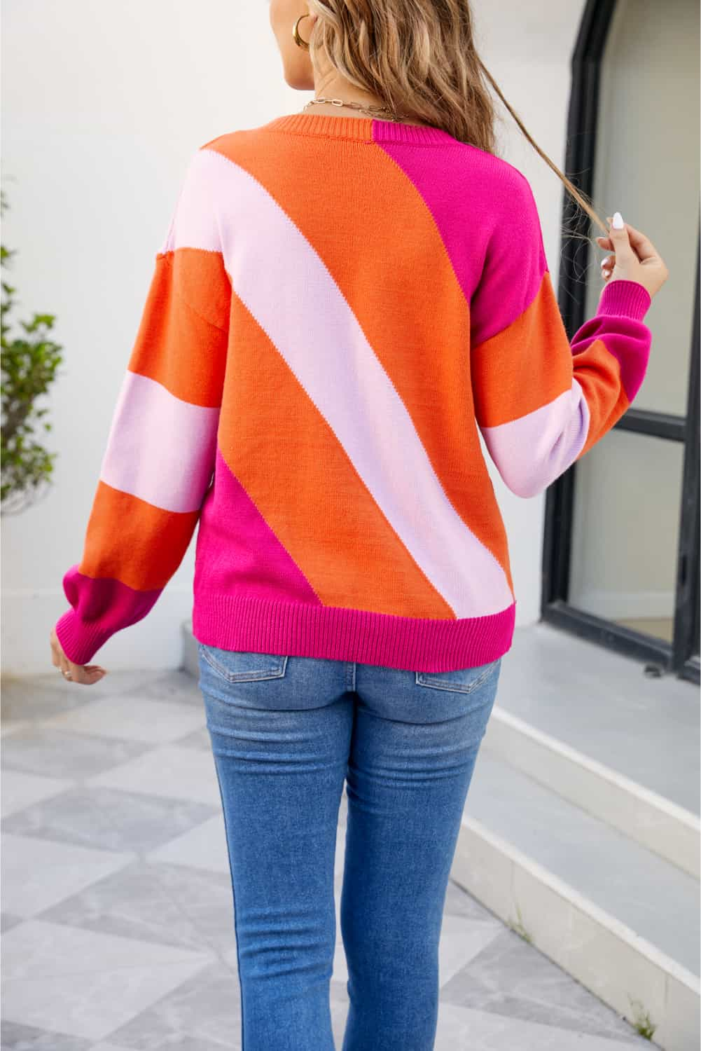 Angel Wings Color Block Ribbed Round Neck Sweater