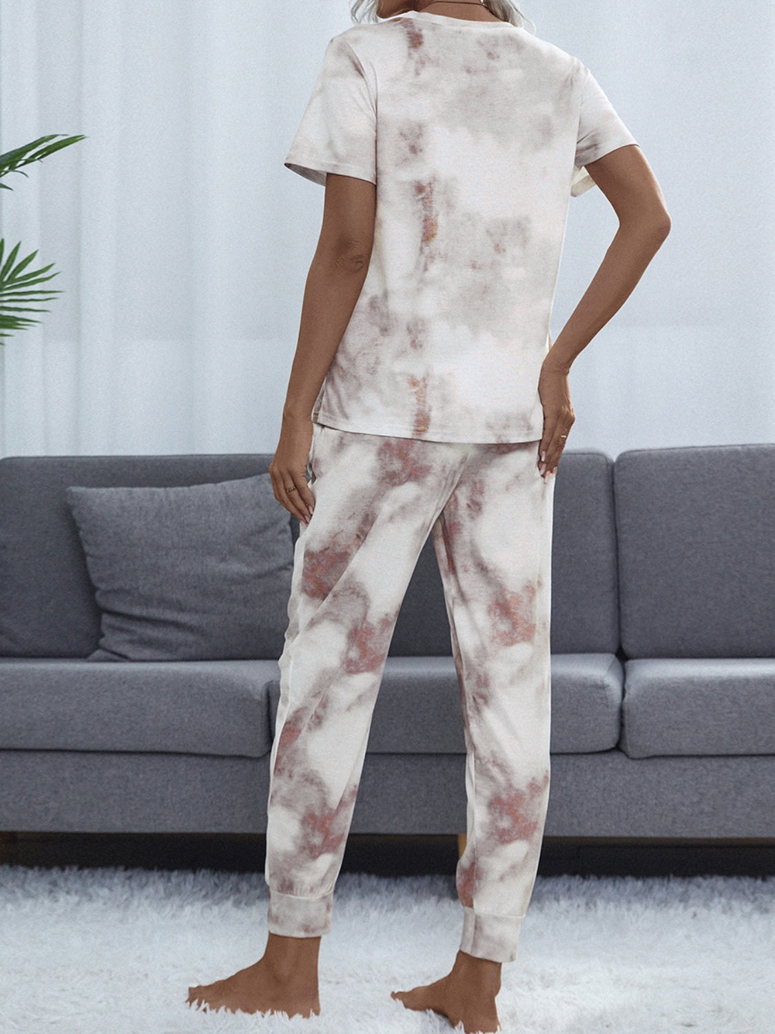 Shiny Tie-Dye Round Neck Short Sleeve Top and Pants Lounge Set