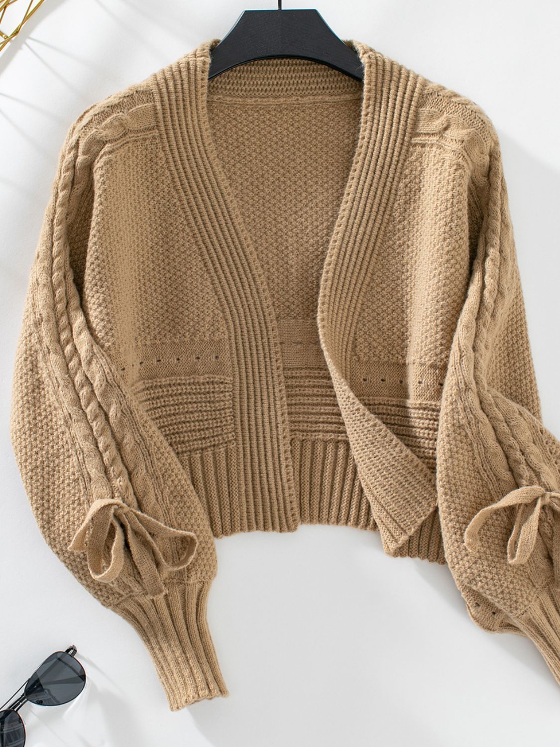 Cable-Knit Tied Open Front Lantern Sleeve Cardigan