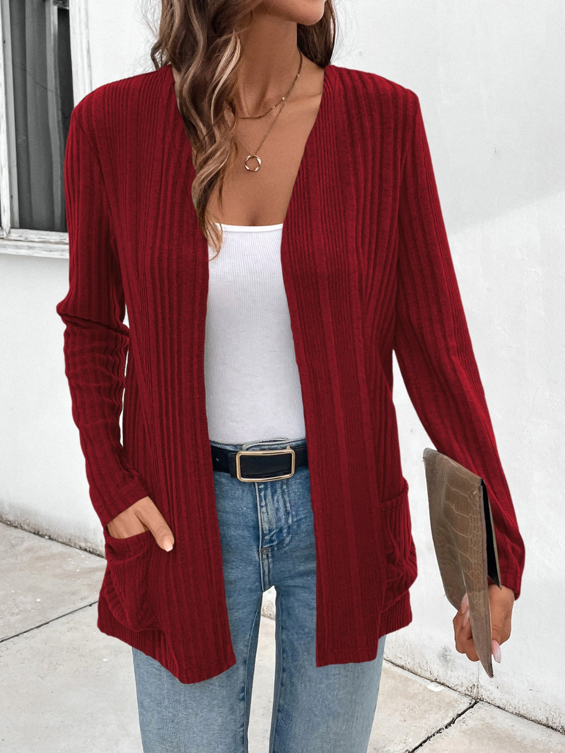 Pocketed Open Front Long Sleeve Cardigan