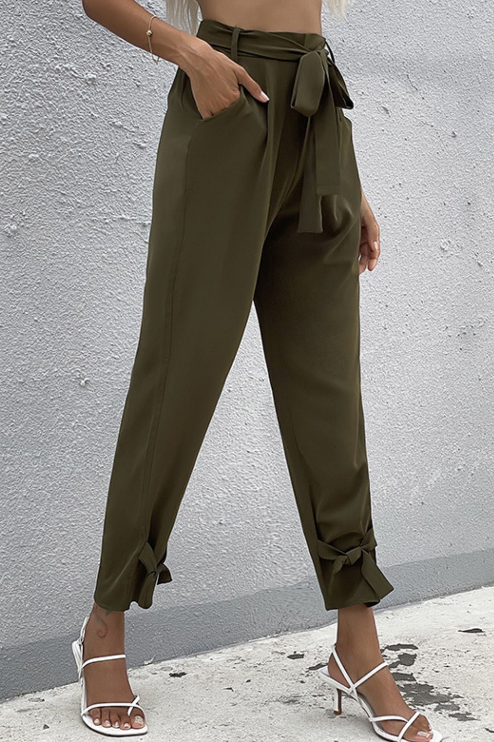 Perfee Tie Detail Belted Pants with Pockets