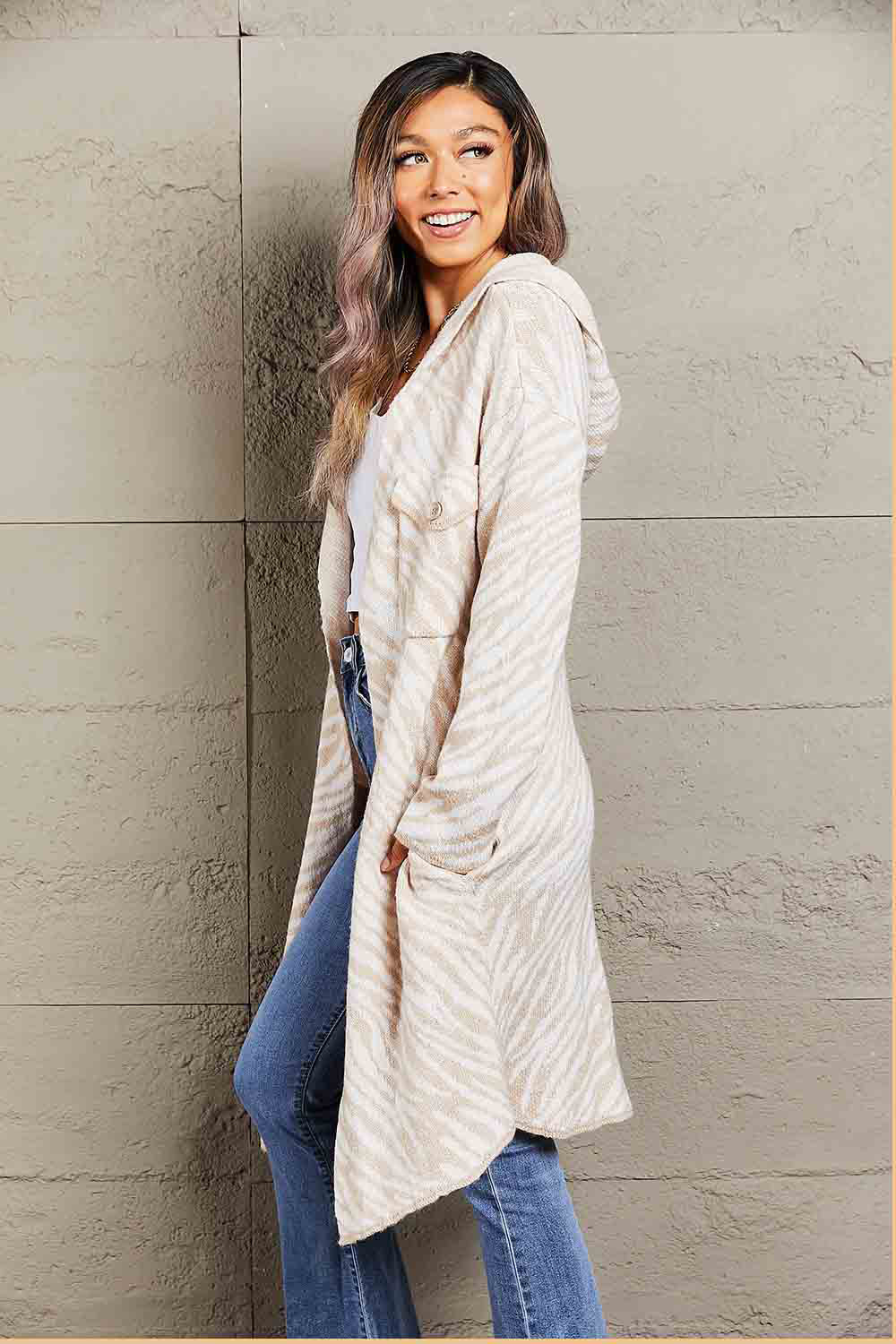 Printed Open Front Hooded Longline Cardigan