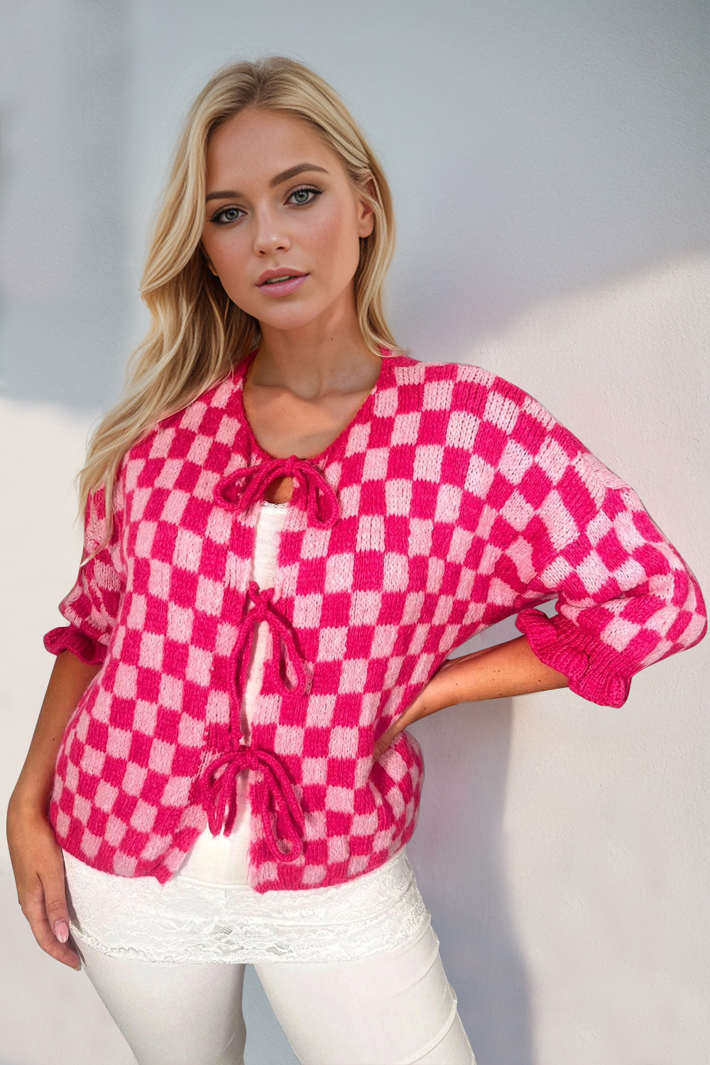 Double Take Tied Checkered Dropped Shoulder Flounce Sleeve Cardigan