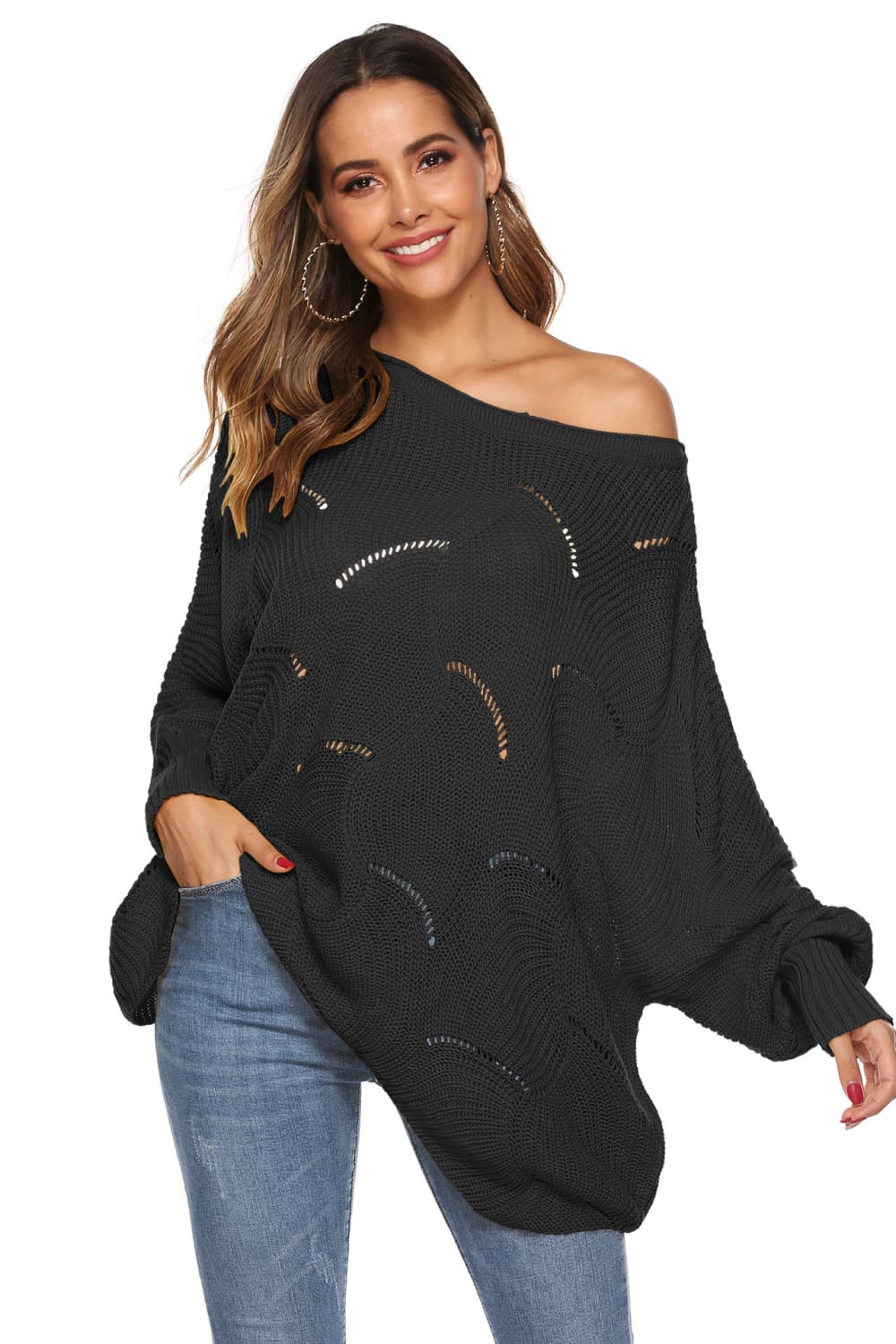 Round Neck Long Sleeve Openwork Sweater