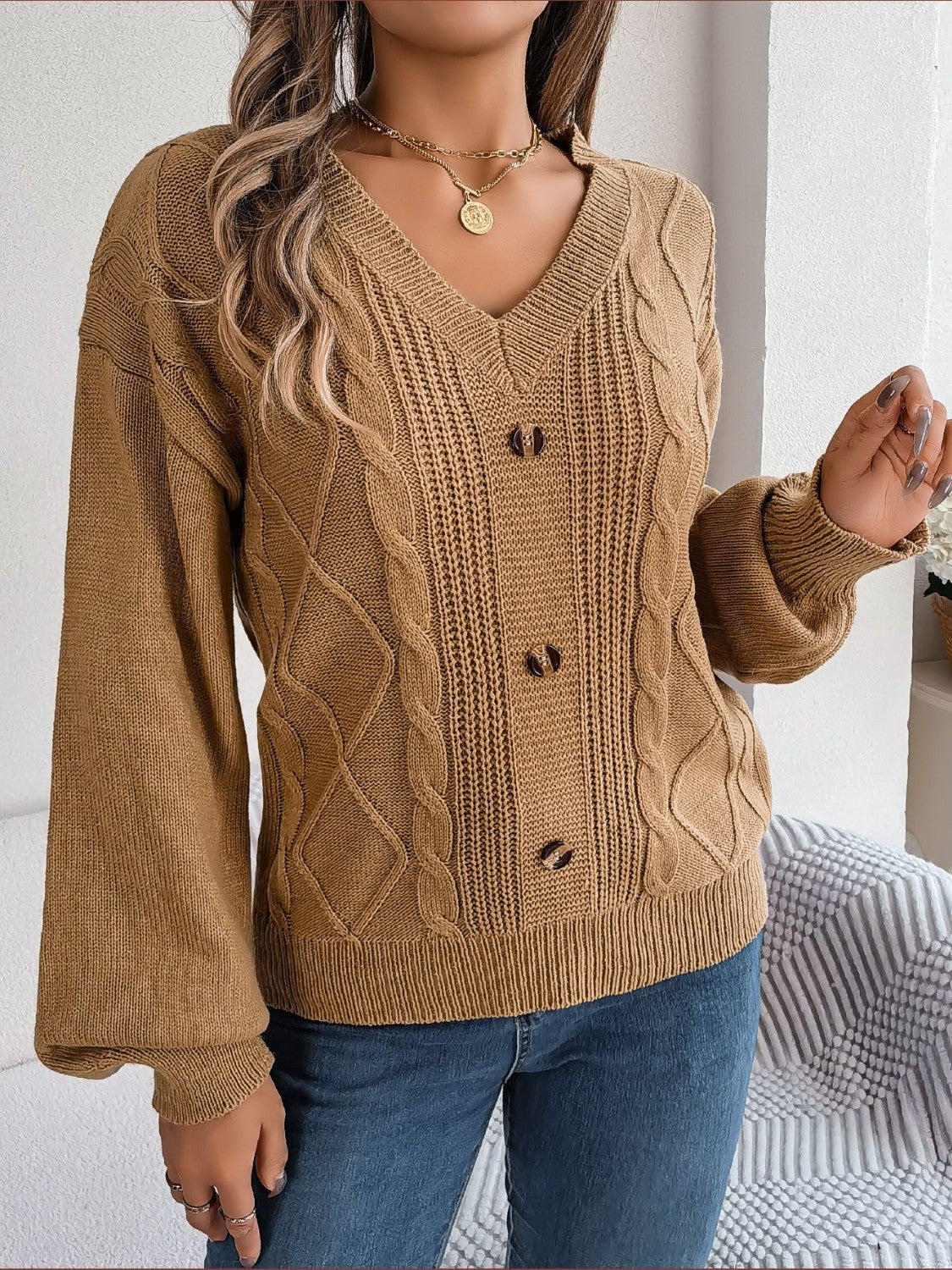 Cable-Knit Buttoned V-Neck Sweater