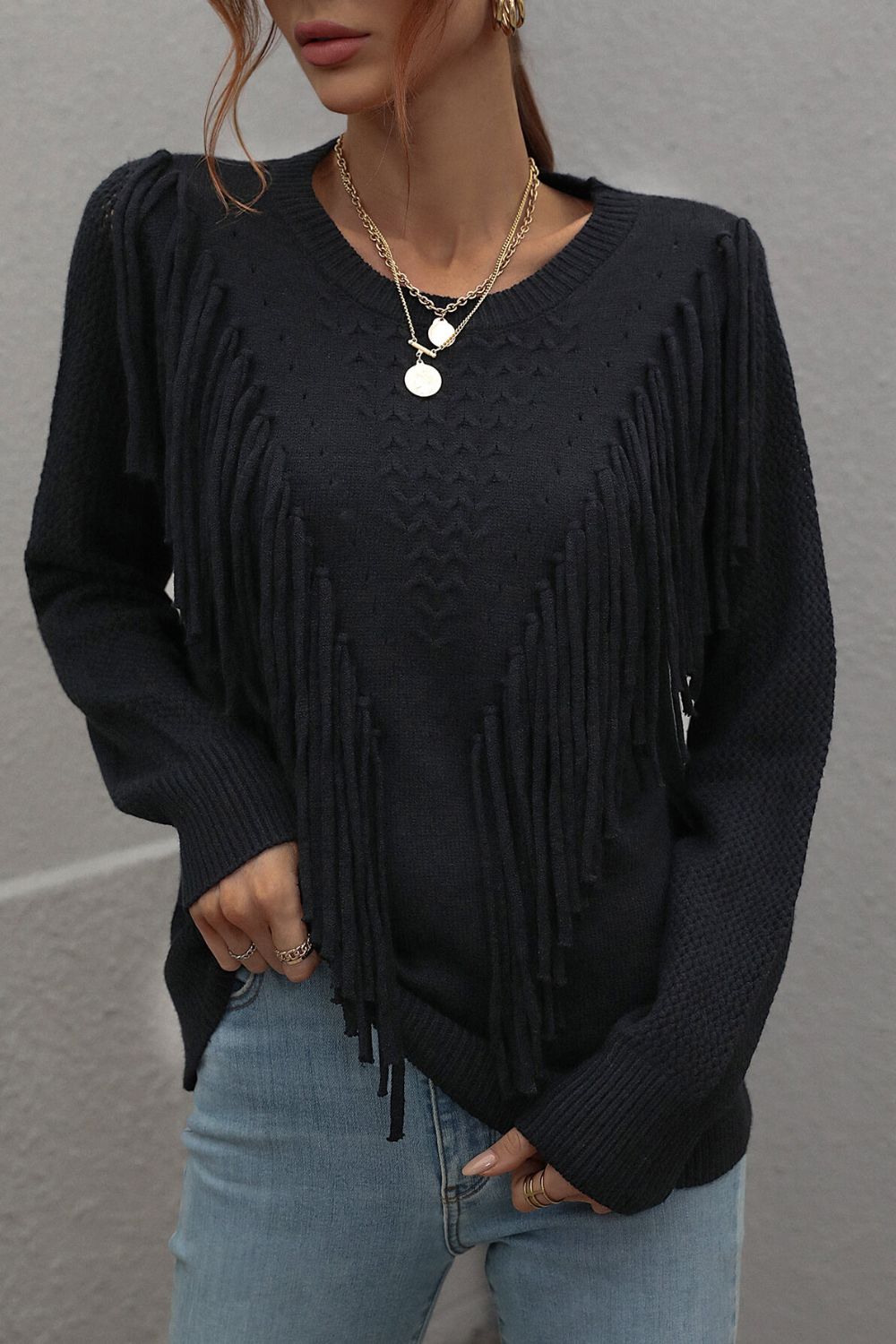 Fringe Detail Ribbed Trim Sweater