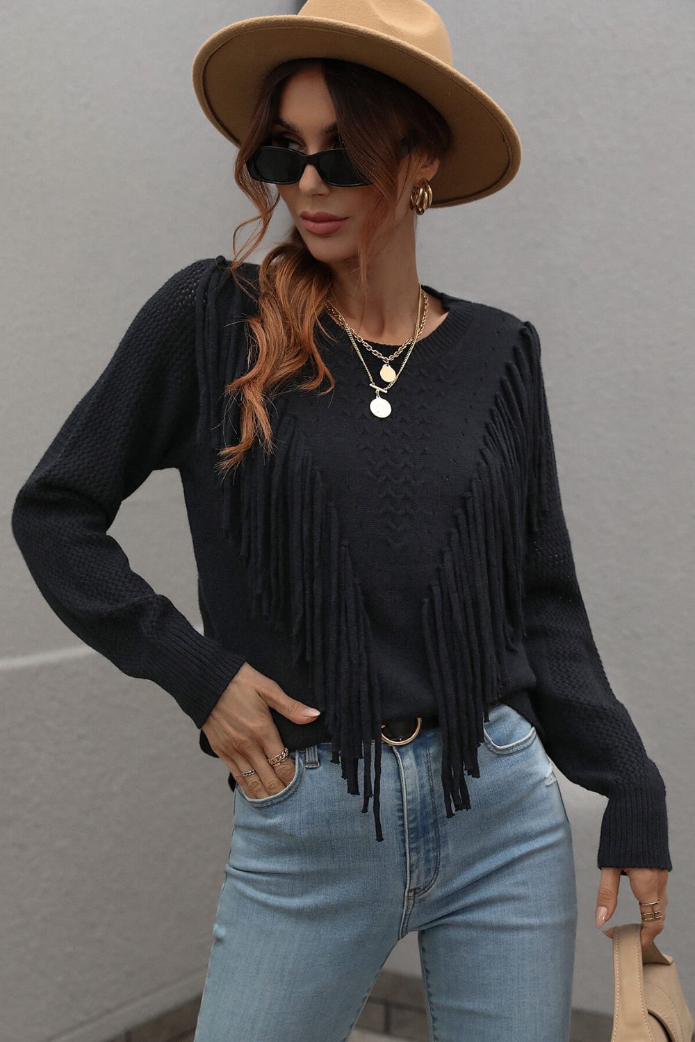 Fringe Detail Ribbed Trim Sweater