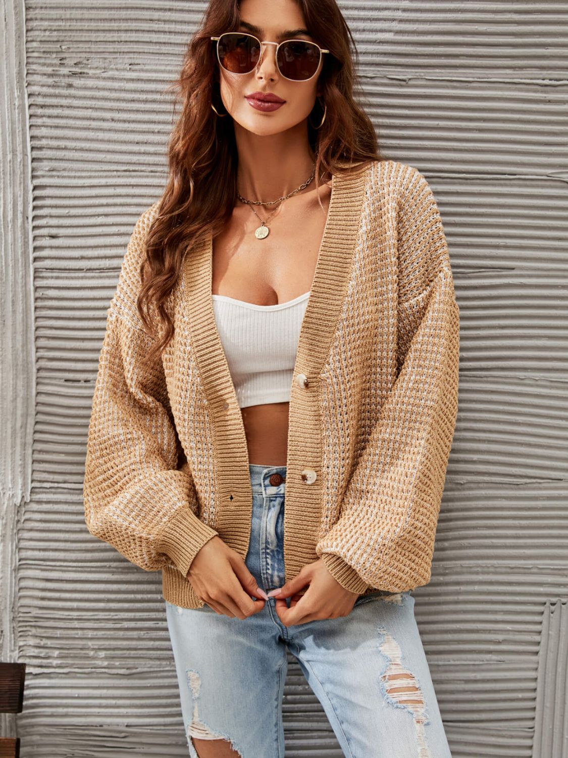 Angel Wings Heathered Lantern Sleeve Cardigan