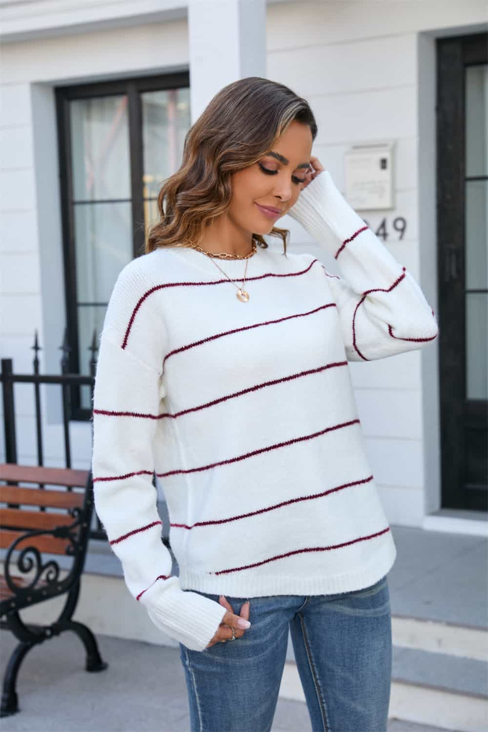 Angel Wings Striped Round Neck Long Sleeve Sweater