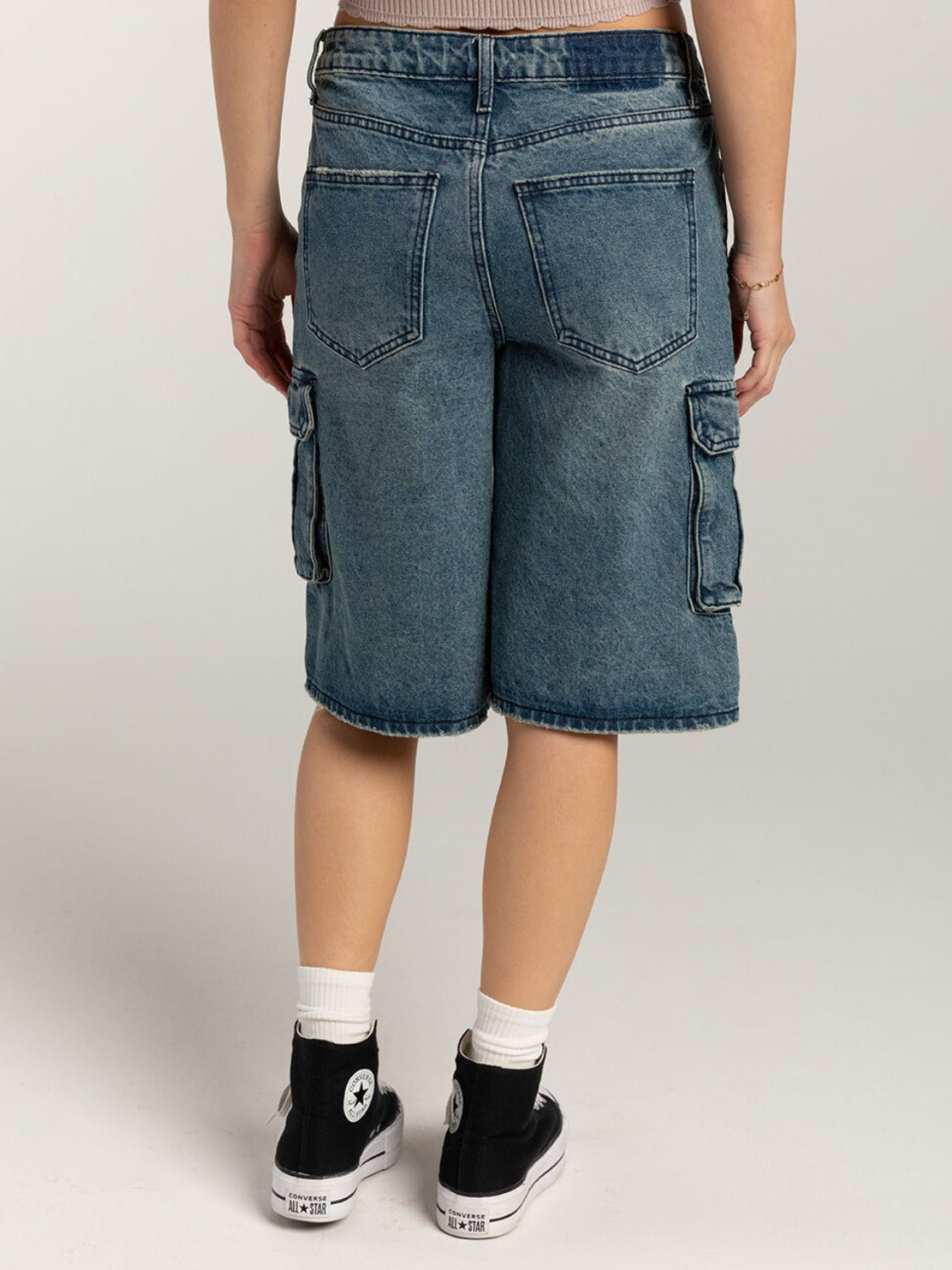 Mid-Rise Waist Denim Shorts with Pockets