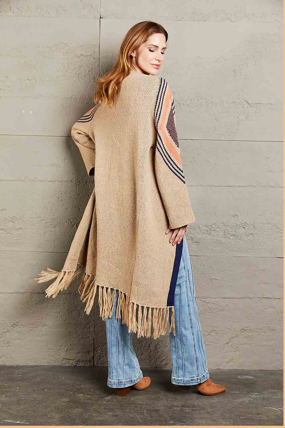 Angel Wings Geometric Fringe Hem Open Front Duster Cardigan