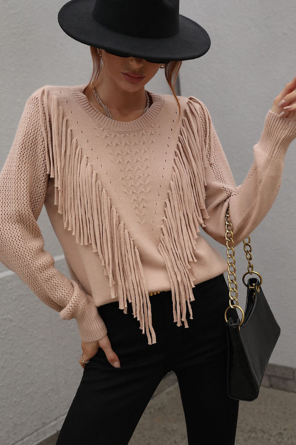 Fringe Detail Ribbed Trim Sweater