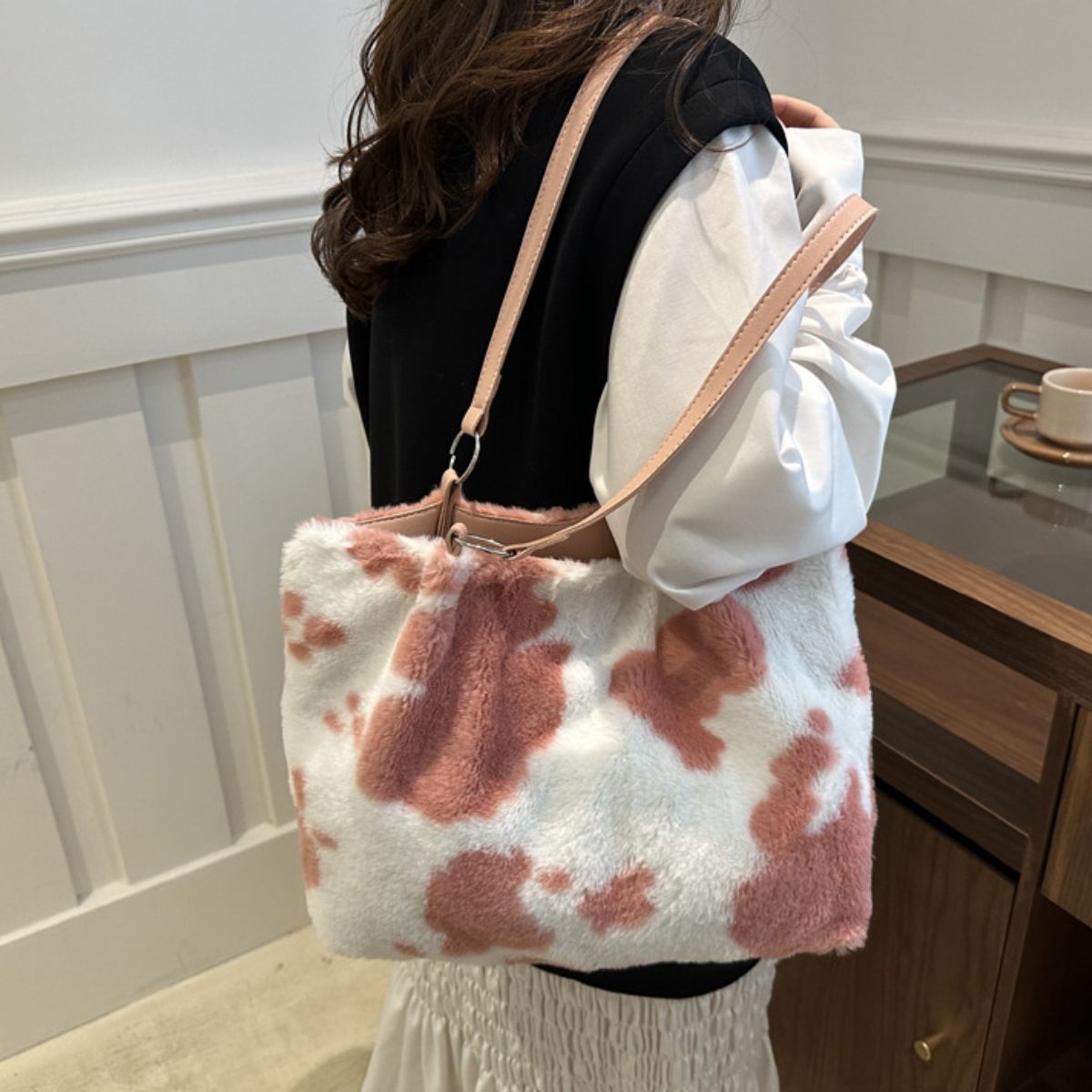 Cow Print Furry Tote Bag