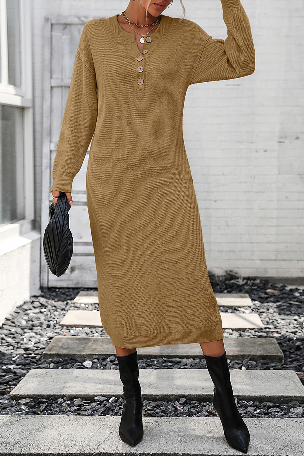 Decorative Button Notched Dropped Shoulder Sweater Dress