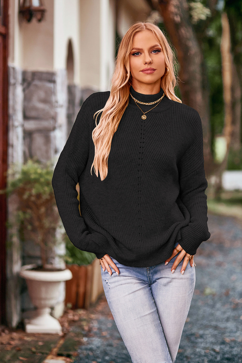 Mock Neck Rib-Knit Sweater