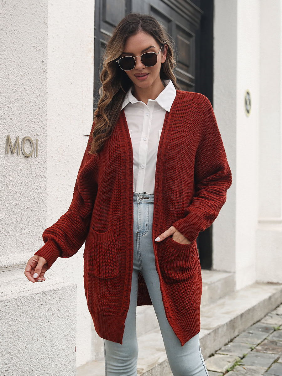 Open Front Rib-Knit Cardigan with Pockets