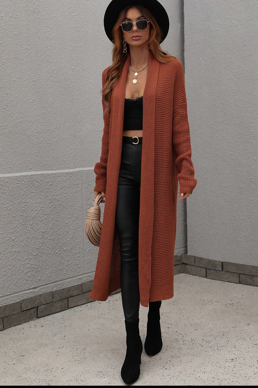 Waffle Knit Open Front Duster Cardigan With Pockets