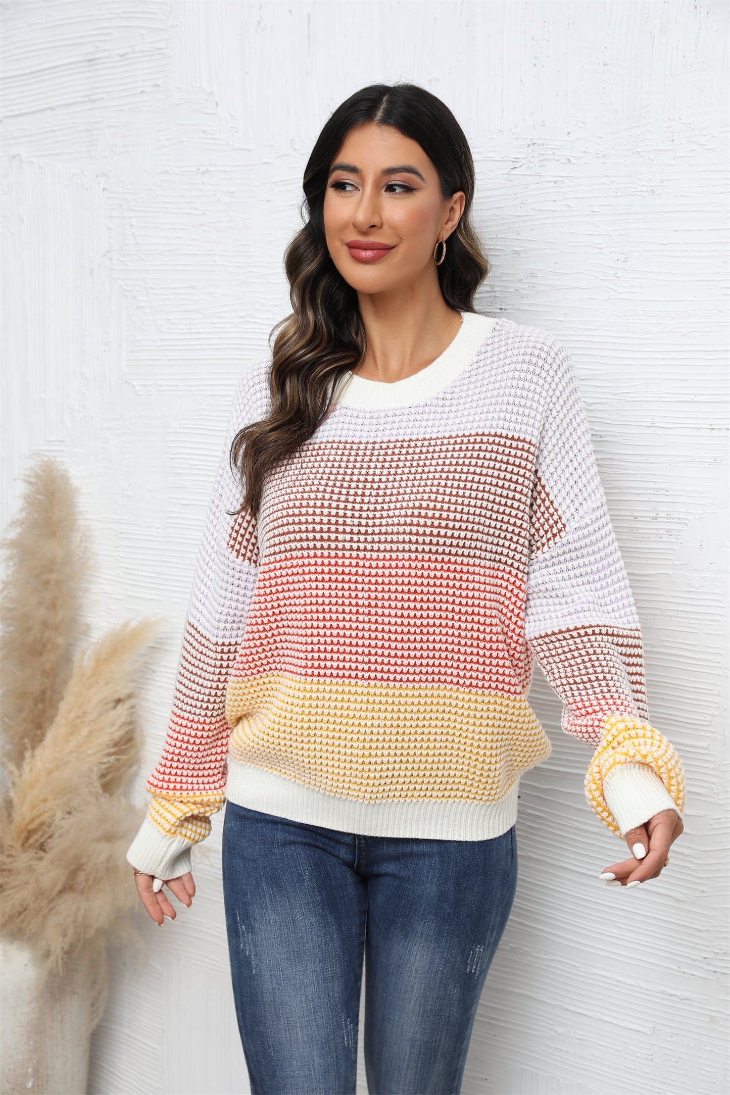 Angel Wings Waffle-Knit Round Neck Dropped Shoulder Color Block Sweater