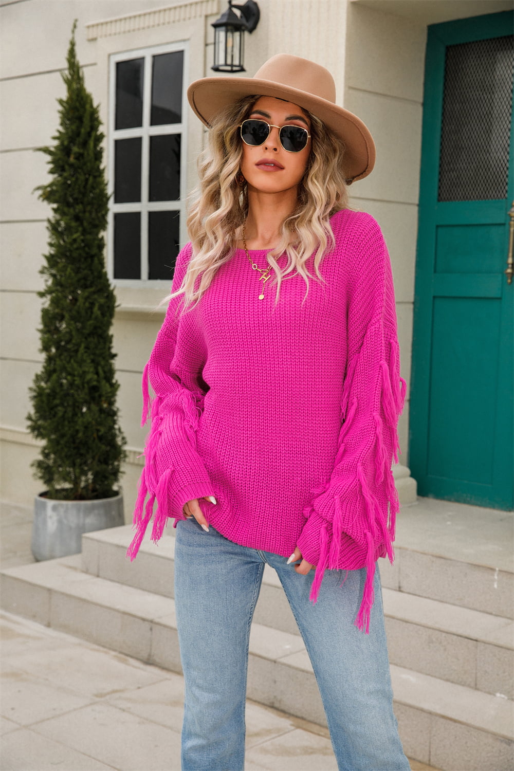 Angel Wings Ribbed Round Neck Fringe Detail Sweater