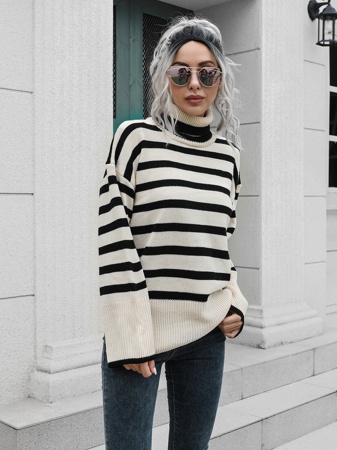 Striped Slit Turtleneck Drop Shoulder Sweater