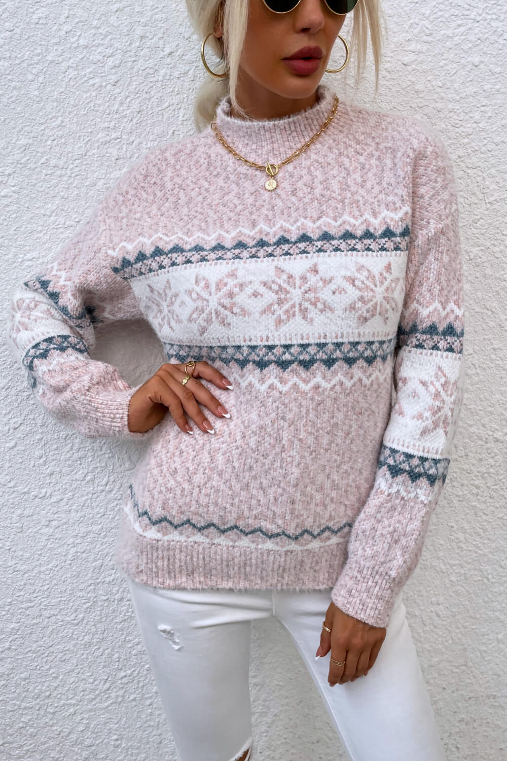 Snowflake Pattern Mock Neck Sweater