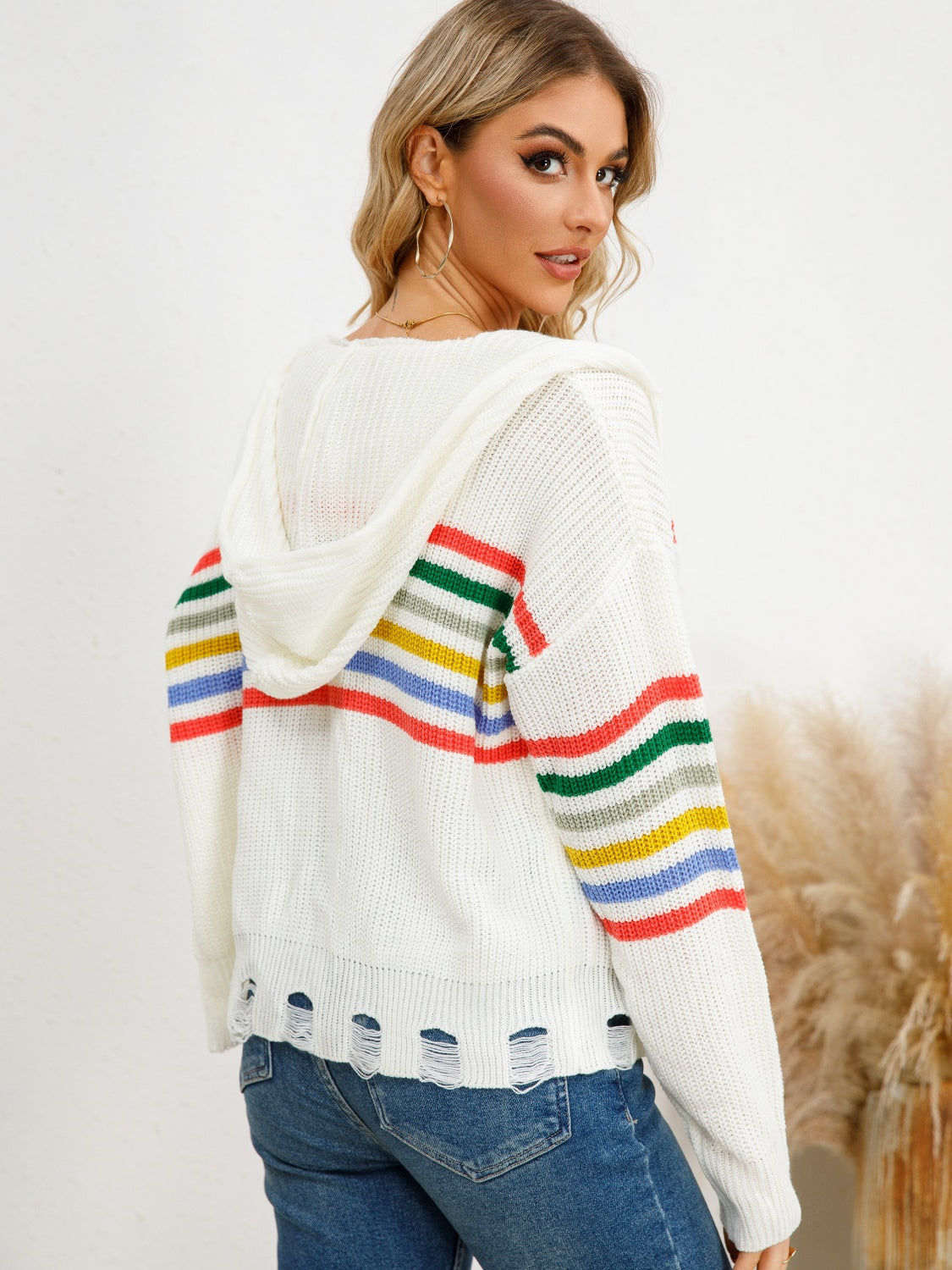 Drawstring Striped Dropped Shoulder Hooded Cardigan