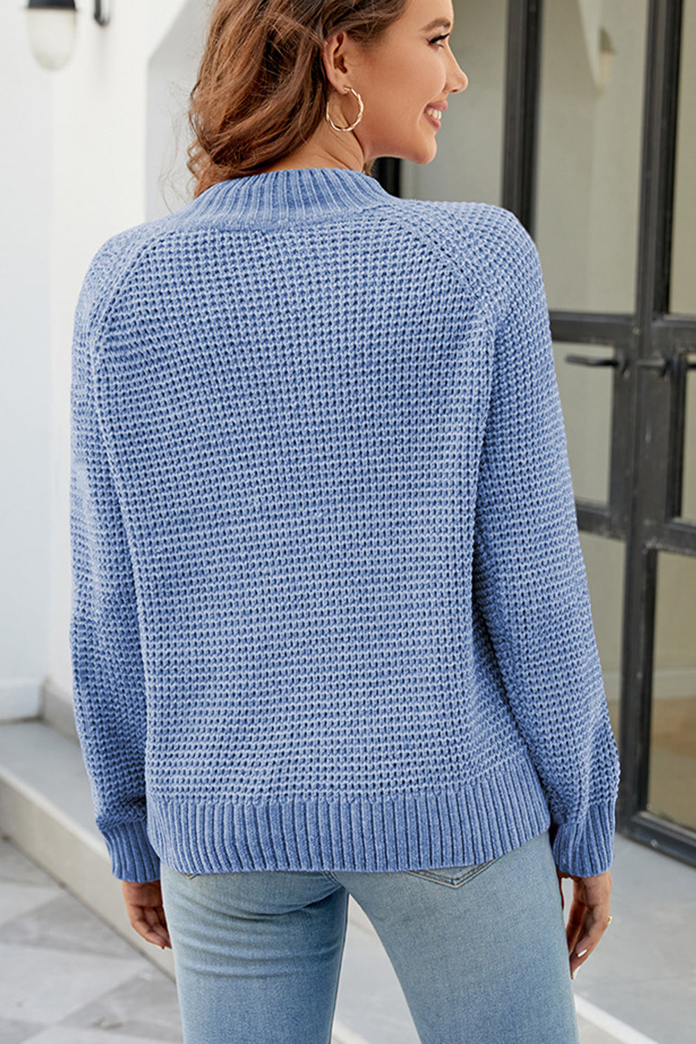 Waffle-Knit Round Neck Reglan Sleeve Sweater