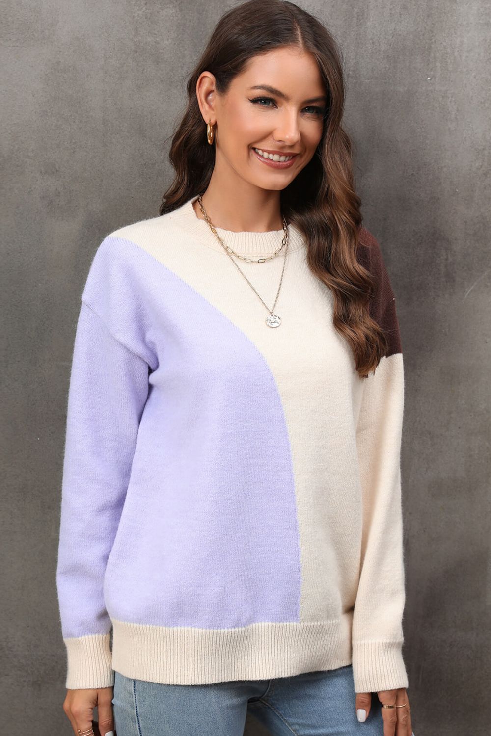 Angel Wings Color Block Ribbed Cuff Drop Shoulder Sweater