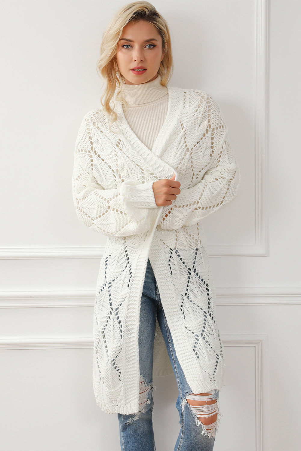 Openwork Open Front Dropped Shoulder Cardigan