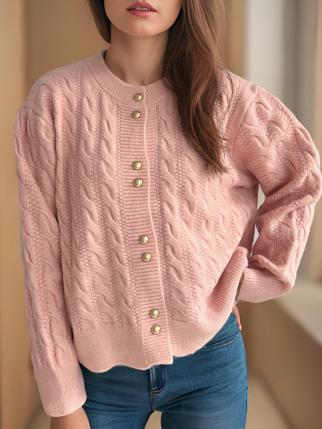 Cable-Knit Round Neck Long Sleeve Cardigan