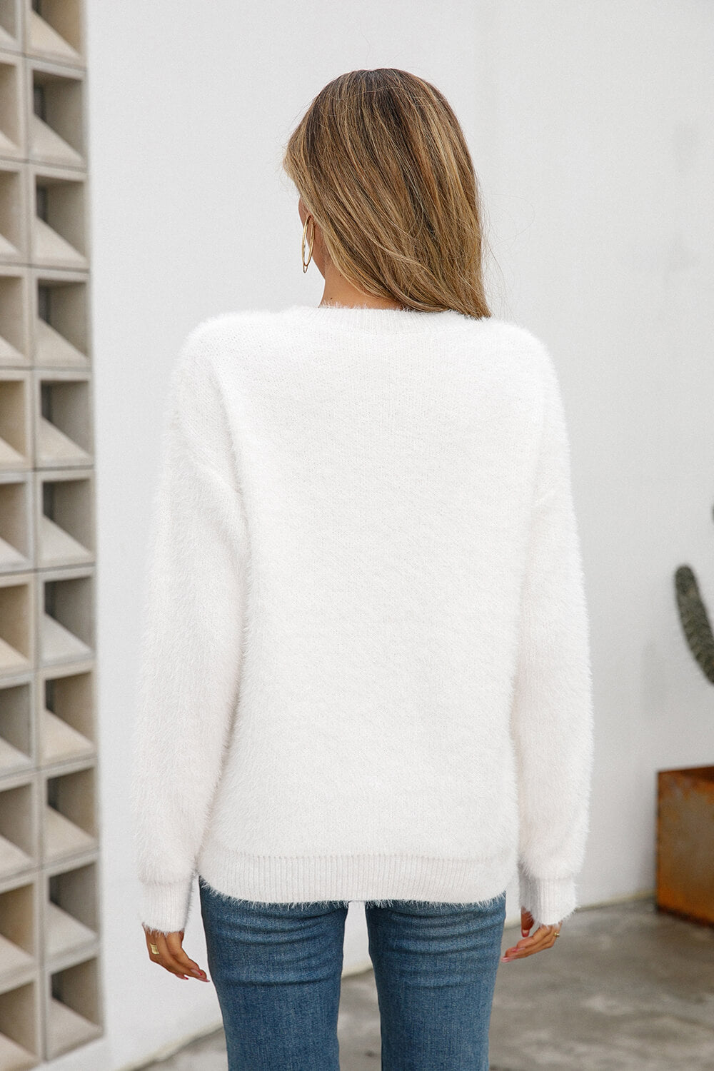 Angel Wings Dropped Shoulder Round Neck Fuzzy Sweater