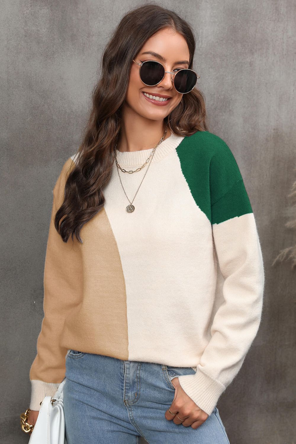 Angel Wings Color Block Ribbed Cuff Drop Shoulder Sweater