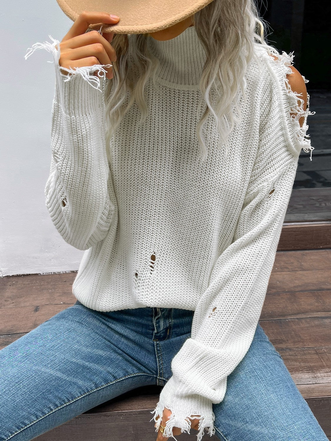 Perfee Distressed High Neck Cold-Shoulder Sweater