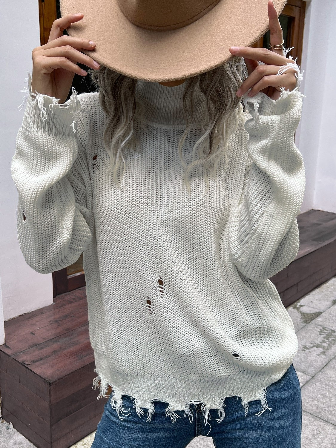 Perfee Distressed High Neck Cold-Shoulder Sweater