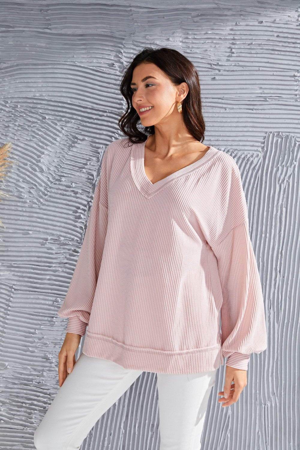 V-Neck Drop Shoulder Lantern Sleeve Blouse