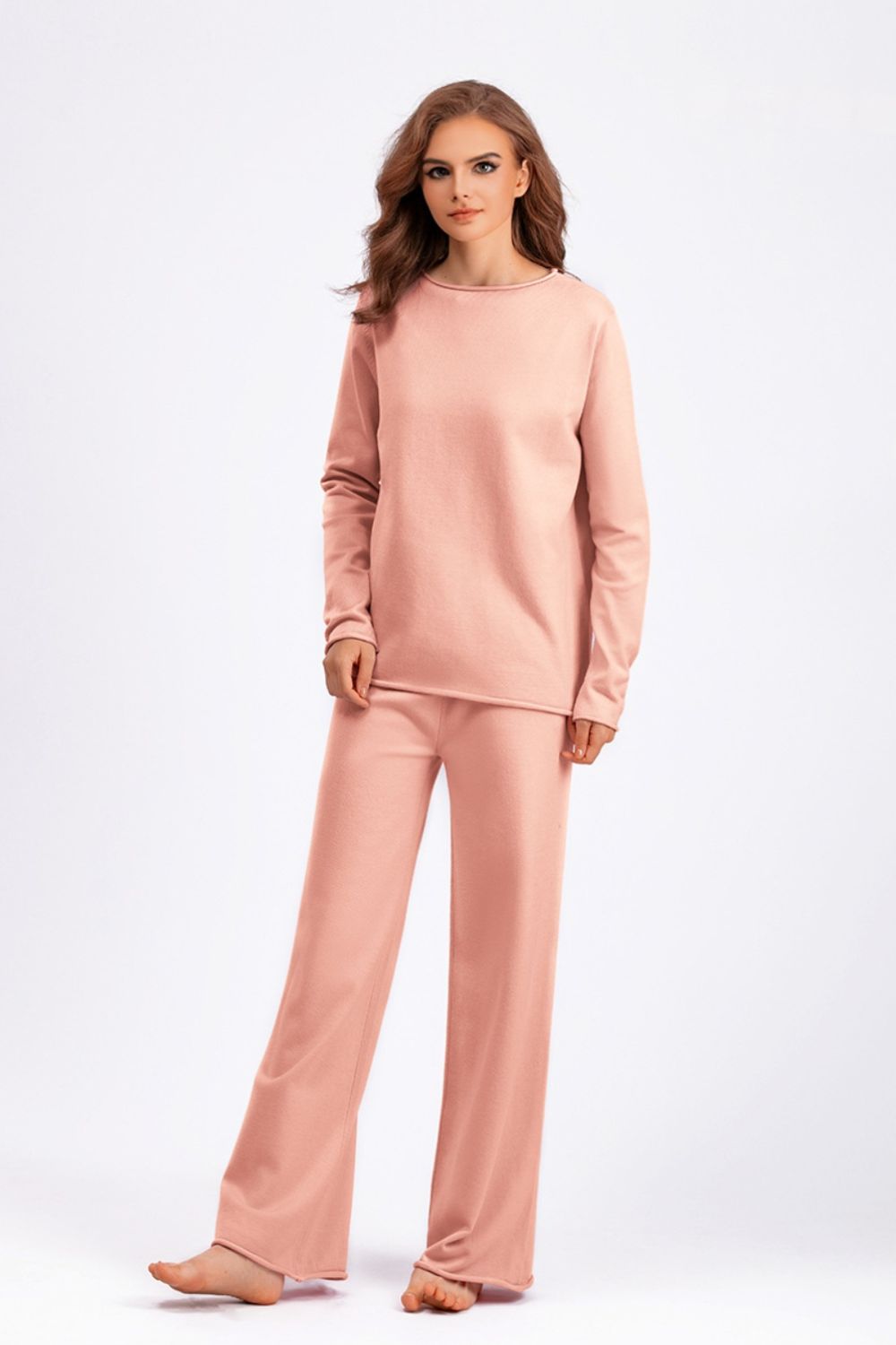 Basic Bae Rolled Round Neck Top and Pants Sweater Set