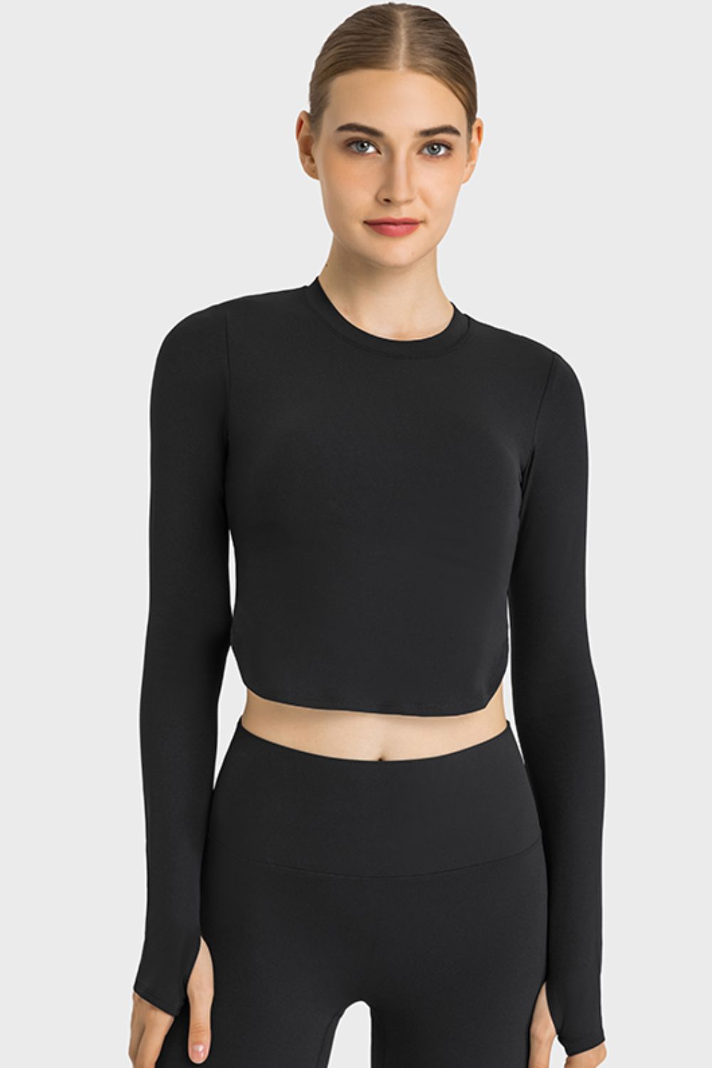 Millennia Side Slit Long Sleeve Round Neck Crop Top