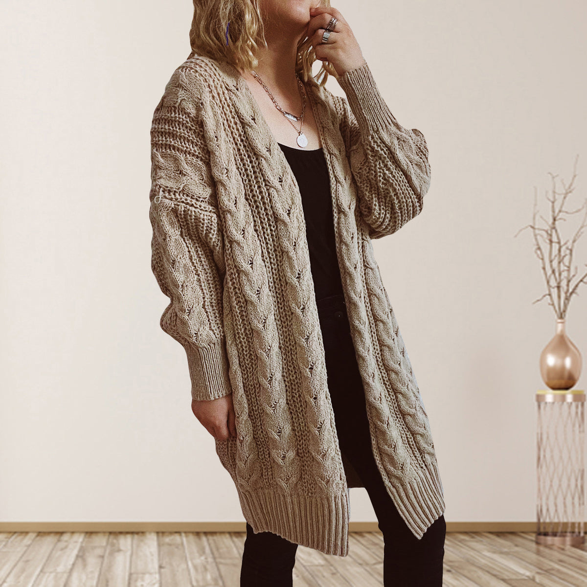 Cable-Knit Open Front Dropped Shoulder Cardigan