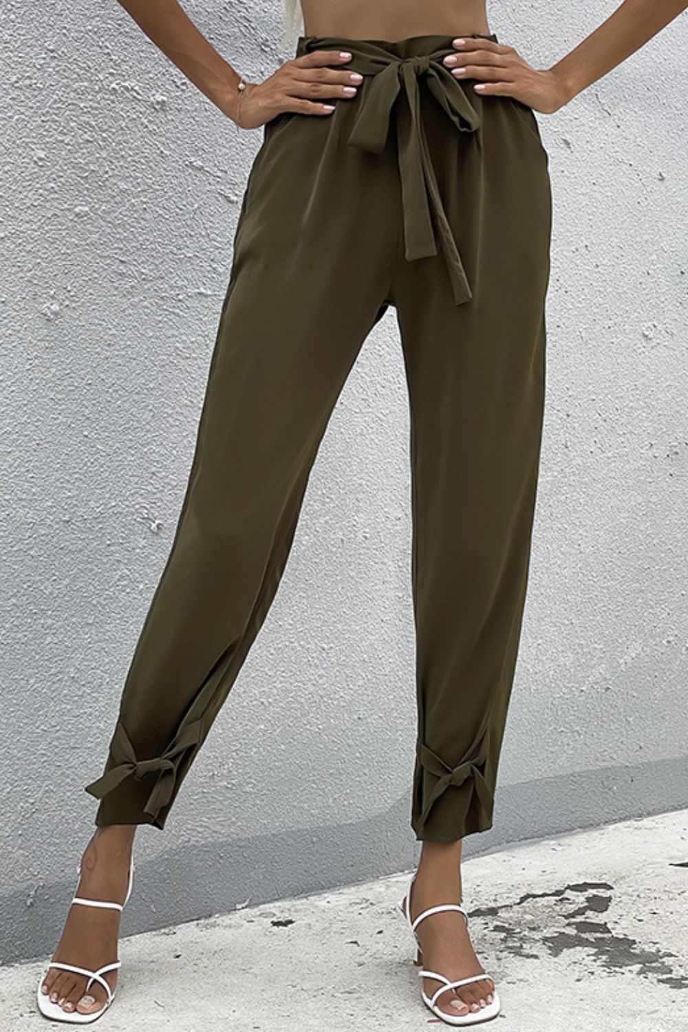 Perfee Tie Detail Belted Pants with Pockets