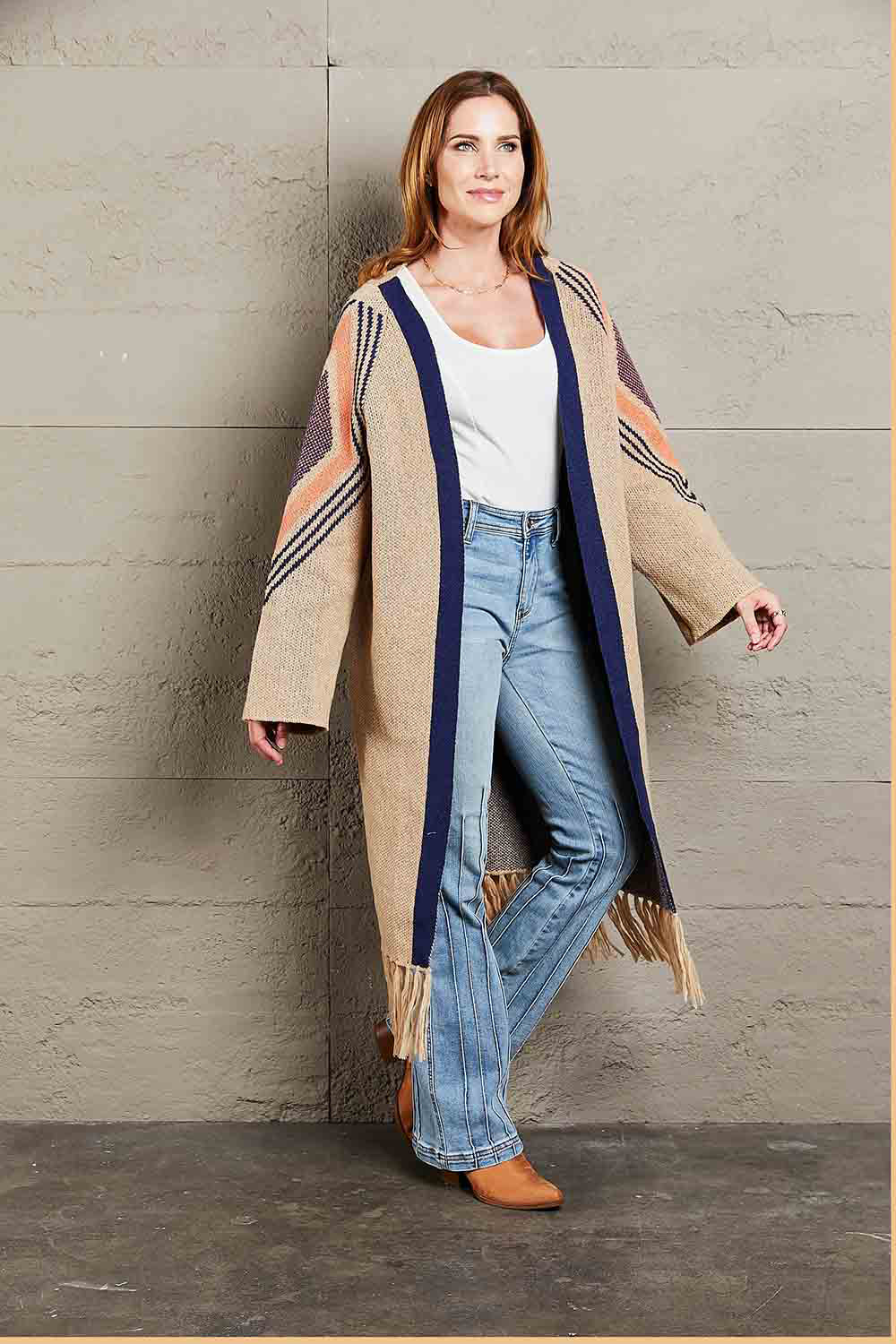 Angel Wings Geometric Fringe Hem Open Front Duster Cardigan