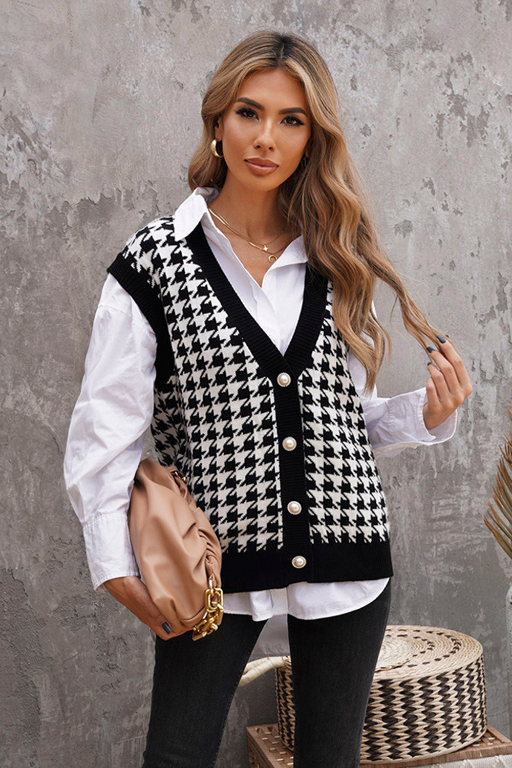 Houndstooth Button Front Sweater Vest