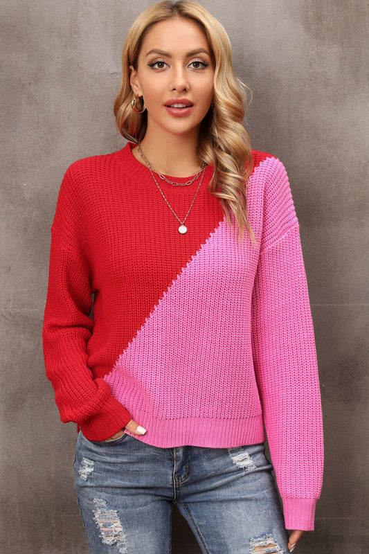 Angel Wings Two-Tone Round Neck Dropped Shoulder Sweater