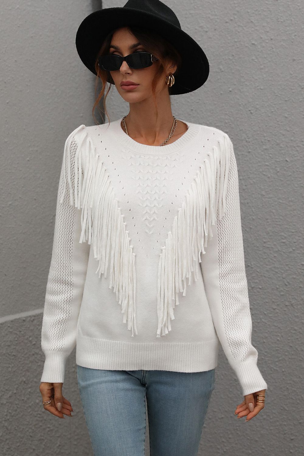 Fringe Detail Ribbed Trim Sweater