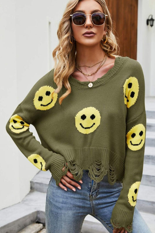 Smiley Face Distressed Round Neck Sweater