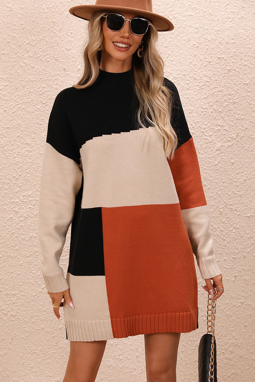 Color Block Mock Neck Dropped Shoulder Sweater Dress