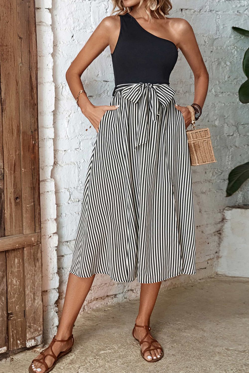 Perfee Striped One-Shoulder Slit Dress