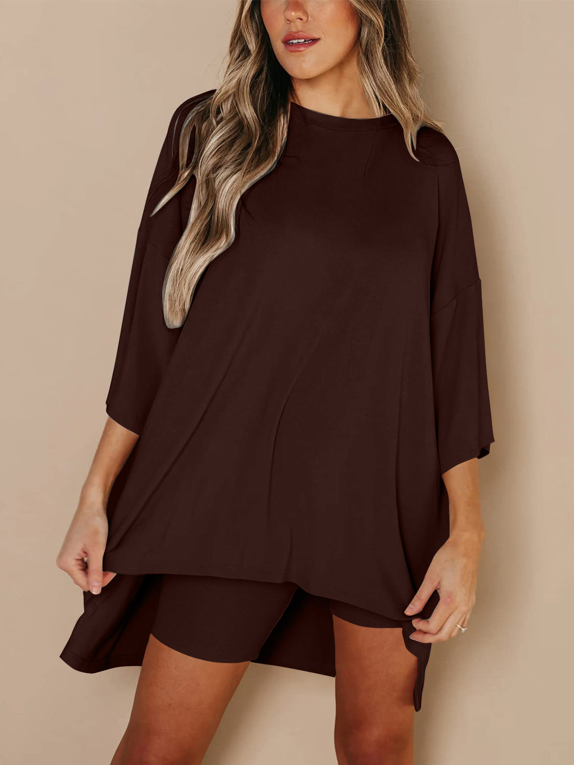 Full Size Round Neck Top and Skinny Shorts Set