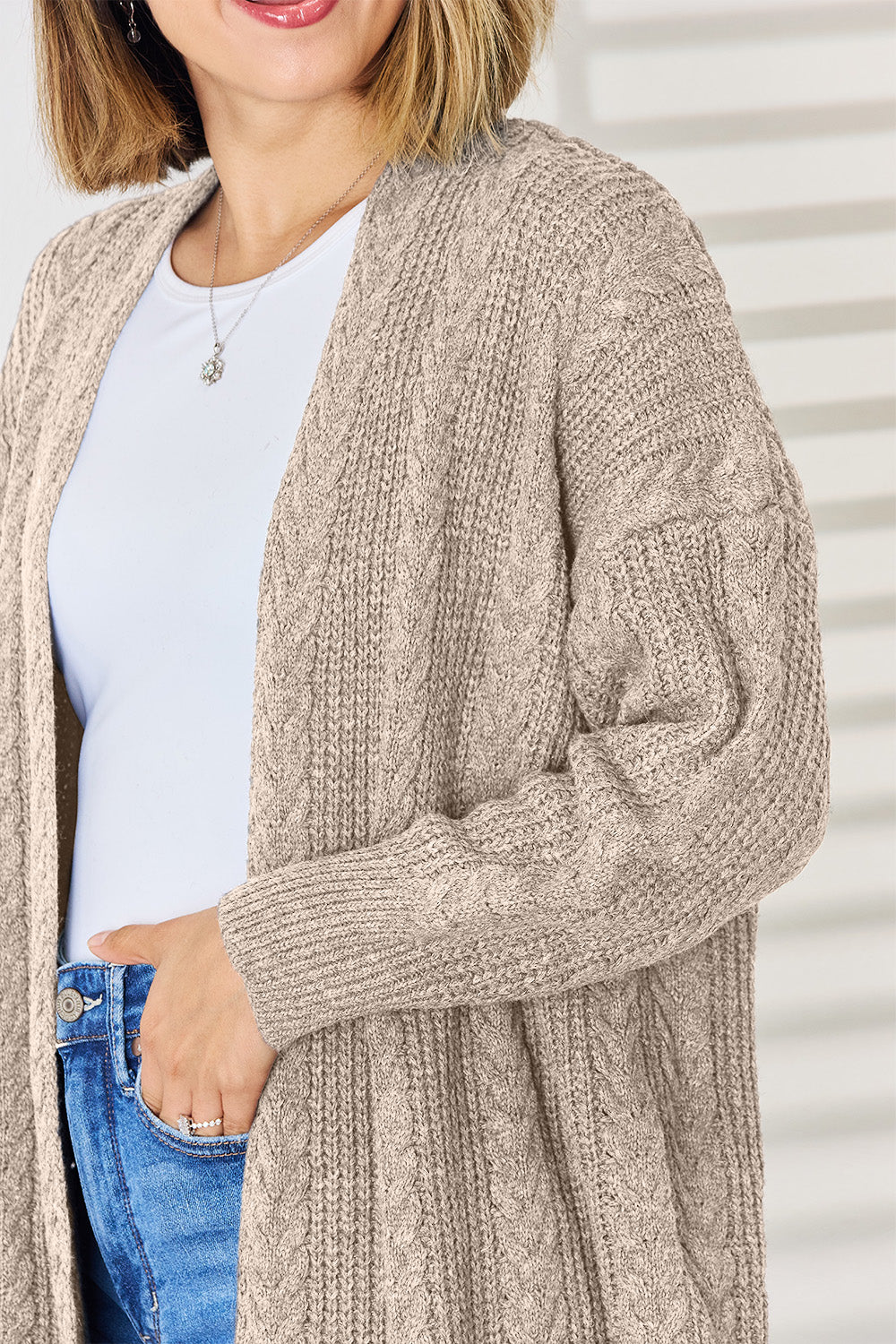 Cable-Knit Open Front Dropped Shoulder Cardigan